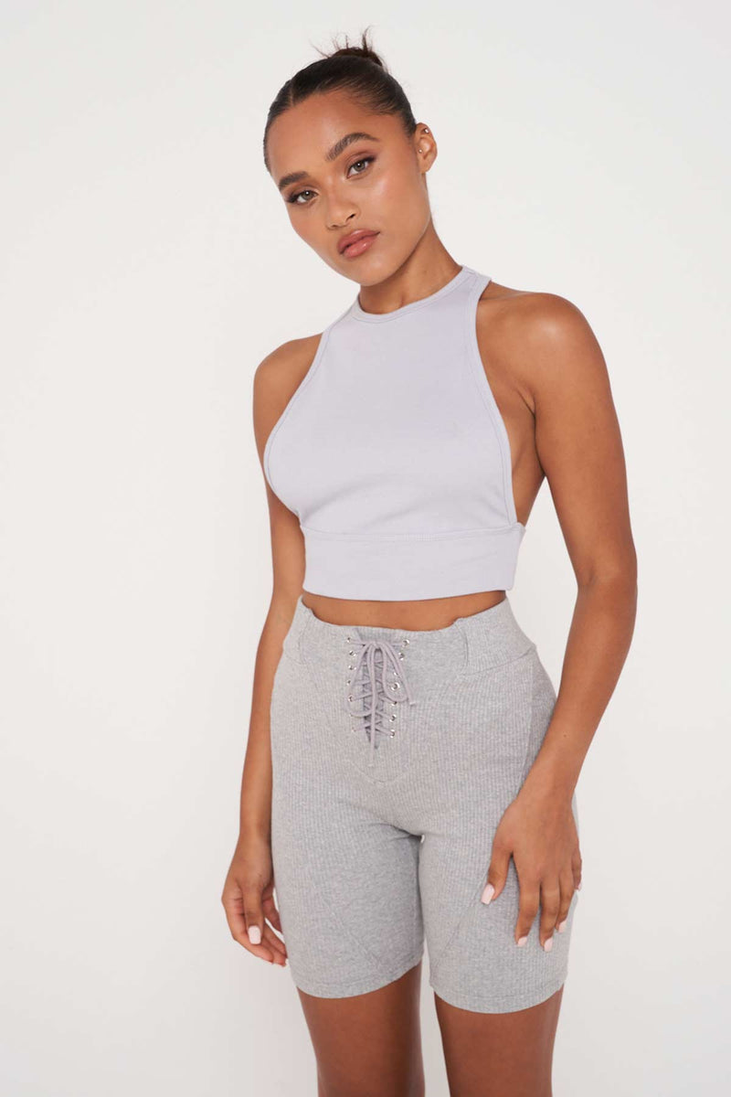Light Grey Ribbed Front Panel Racerback Top