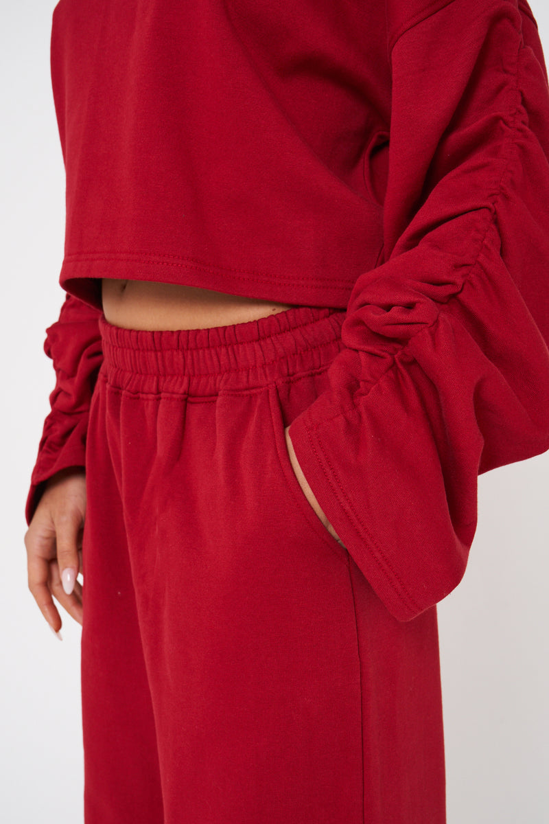 Cherry Red Organic Cotton Blend Ruched Jogger