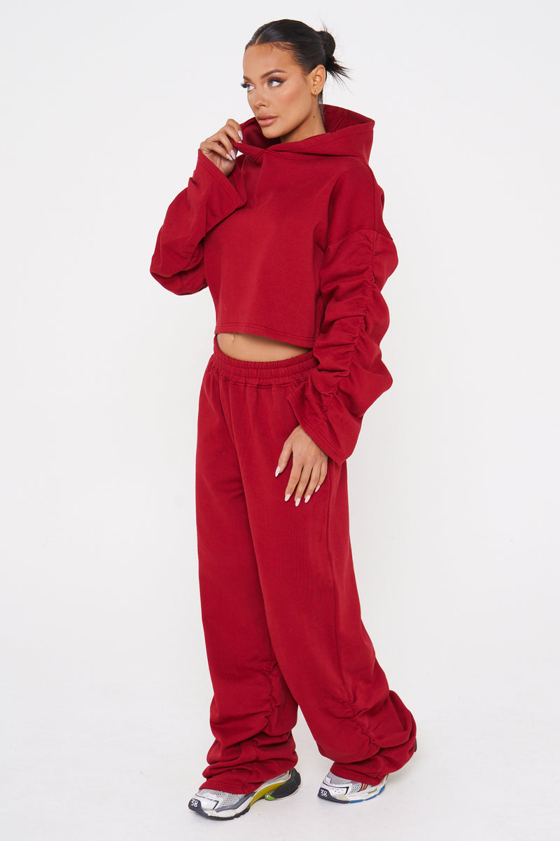 Cherry Red Organic Cotton Blend Ruched Hoodie
