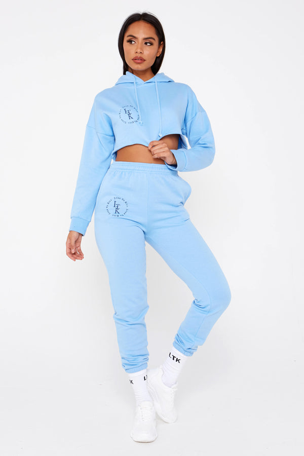 "Luxe To Kill" Embroidery Detail Sky Blue Cuffed Hem Joggers