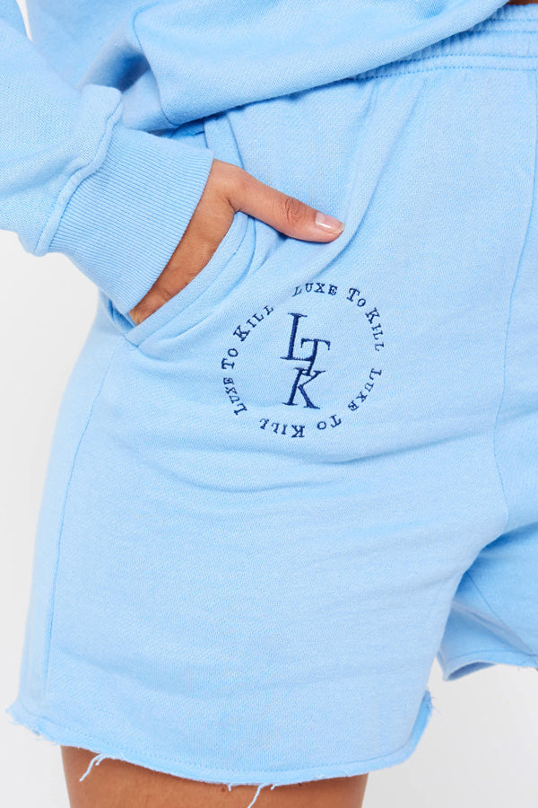 "Luxe To Kill" Embroidery Detail Sky Blue Sweatshorts