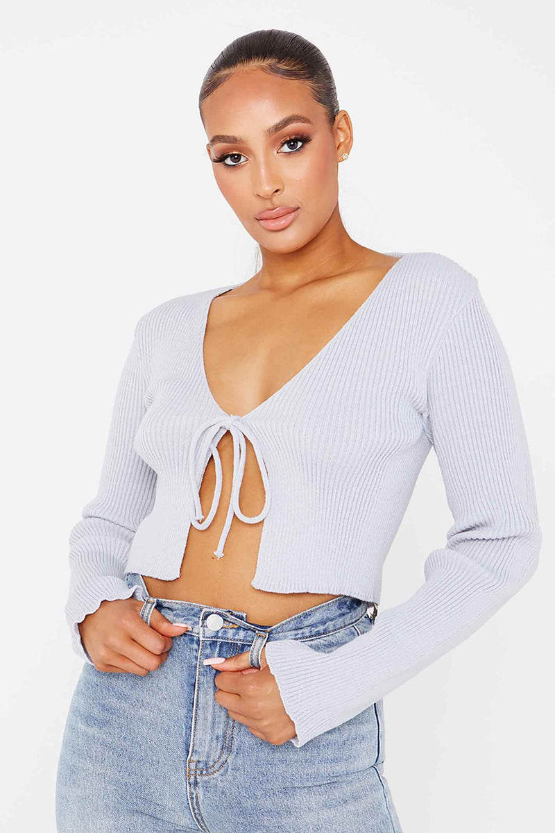 Grey Tie Front Knitted Top