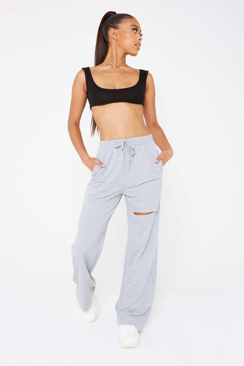 Grey Ripped Thigh Wide Leg Joggers