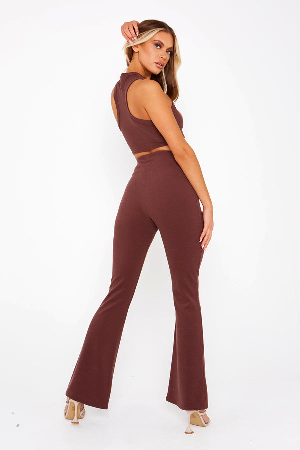 Brown Ribbed Flare Trousers
