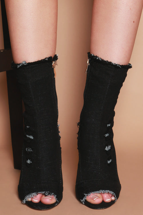 Gabriella Distressed Ankle Boots in Black Denim