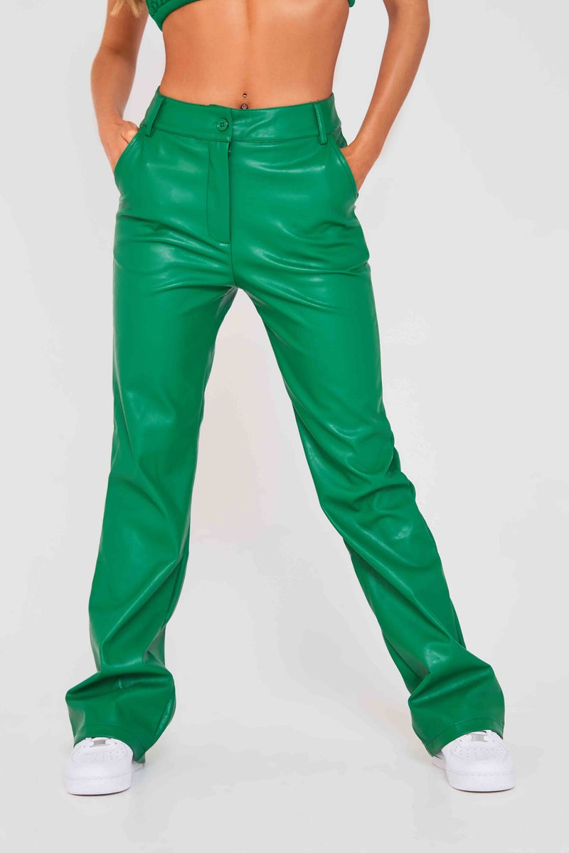 Green Straight Leg Vegan Leather Pants