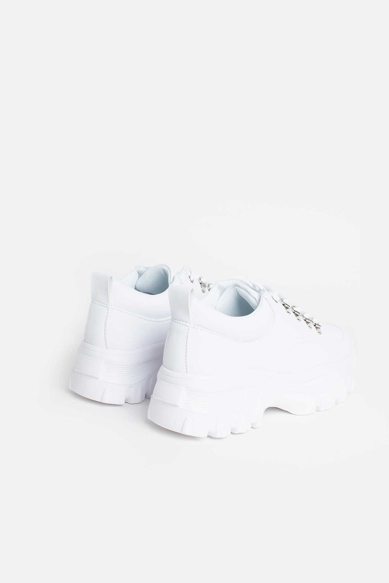 Kara Chunky Lace Up Trainers in White Vegan Leather