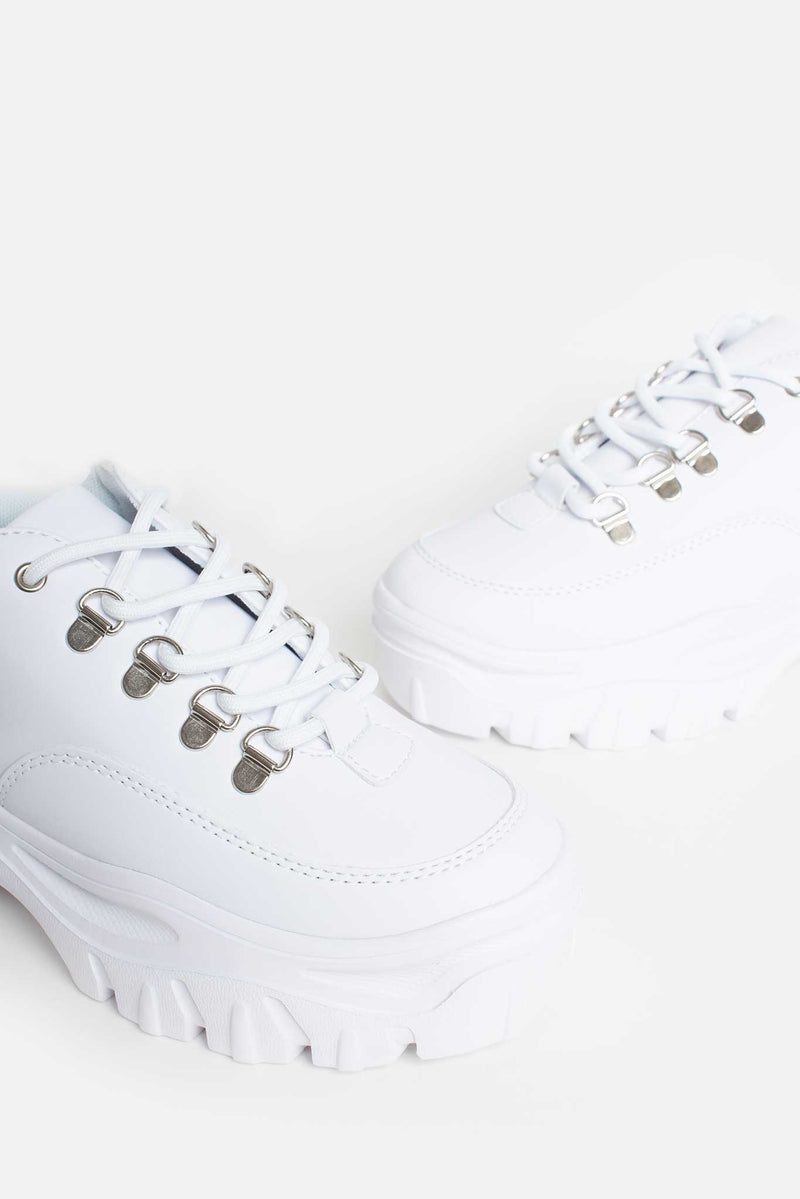 Kara Chunky Lace Up Trainers in White Vegan Leather