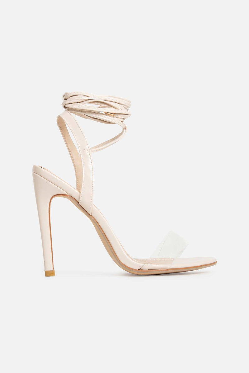 #LuxeForAll Kimberly Lace Up Perspex Heels in Beige Vegan Leather