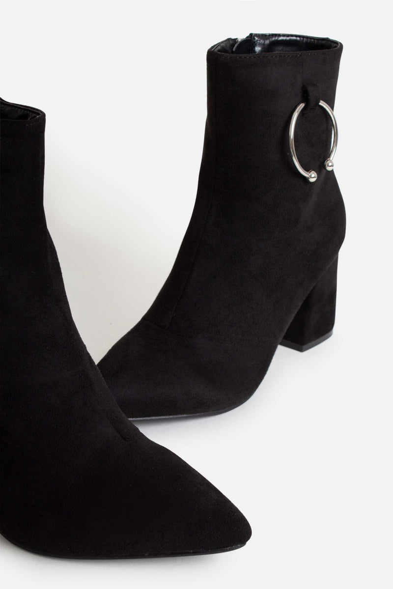 Lavina Silver Buckle Ankle Boots in Black Vegan Suede