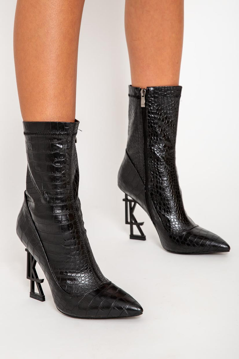 LTK Logo Ankle Boots in Black Croc Vegan Leather