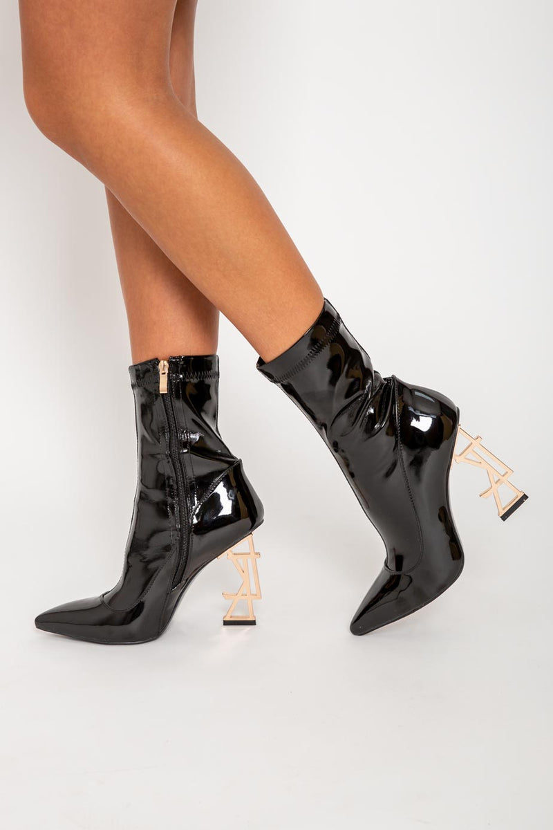 LTK Gold Logo Ankle Boots in Black Patent Vegan Leather