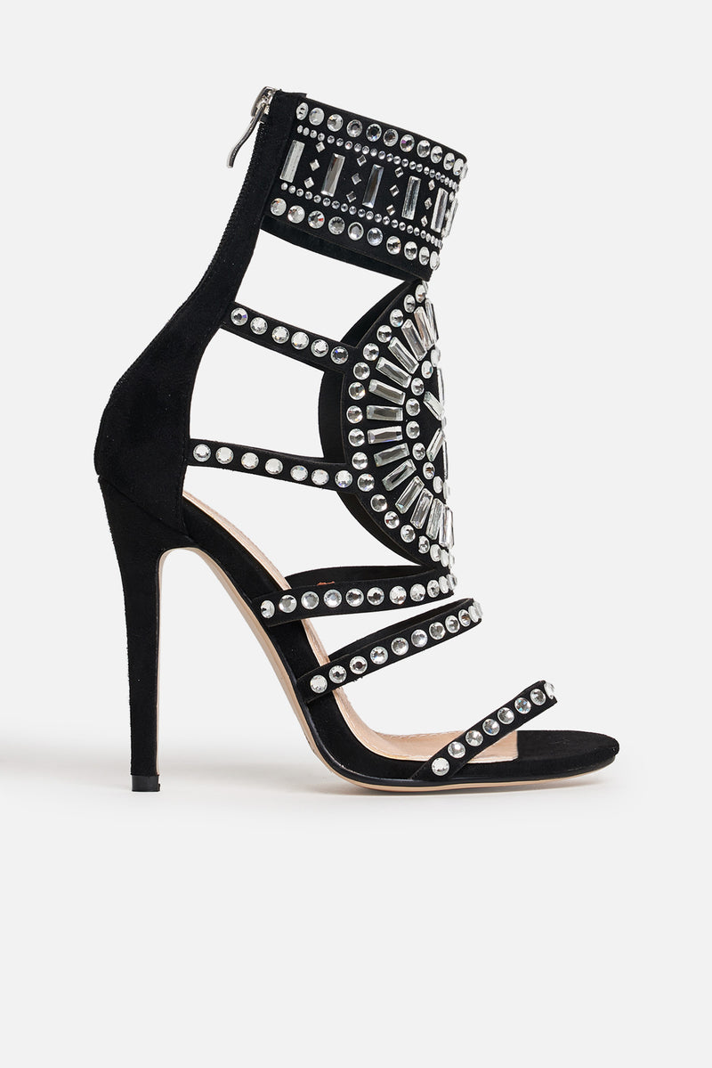 Lucinda Diamante Embellished Heels in Black Vegan Suede