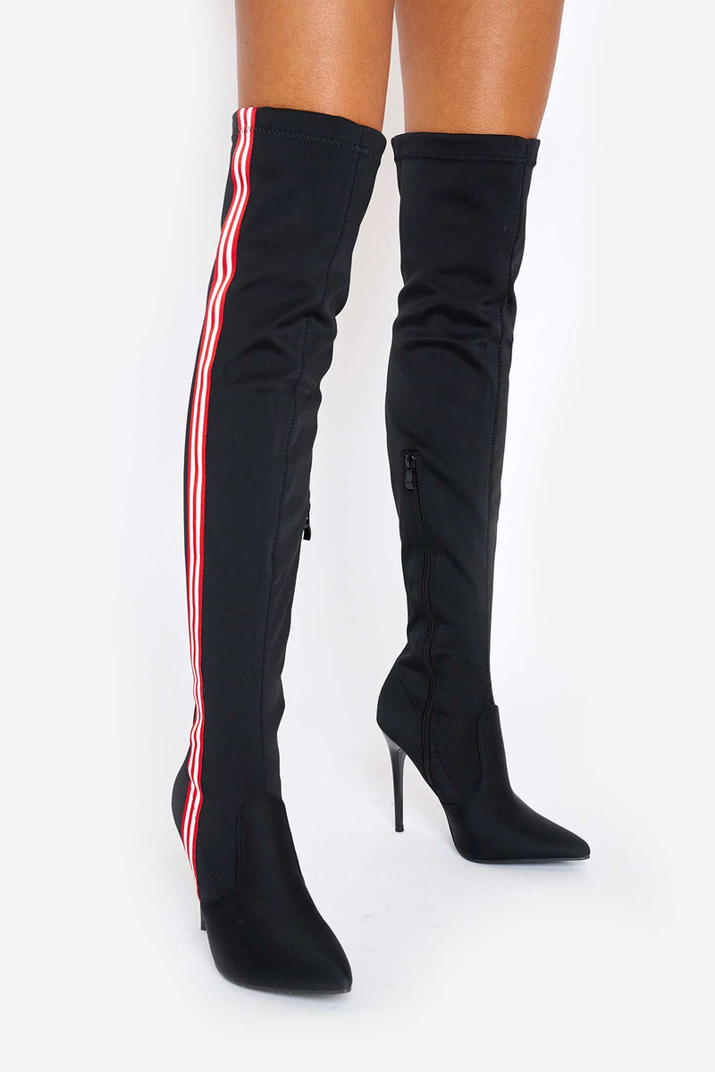 Rocky Striped Over The Knee Boots in Black Lycra