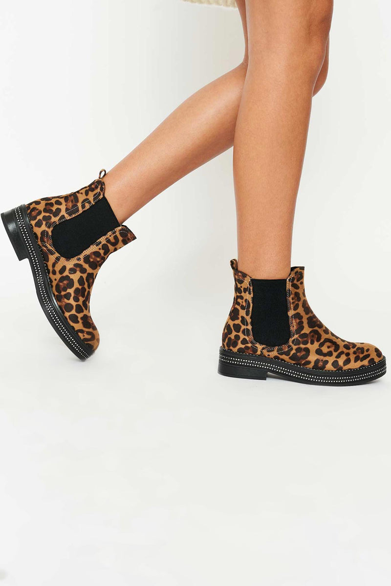 Aina Diamante Studded Ankle Boots in Leopard Vegan Suede