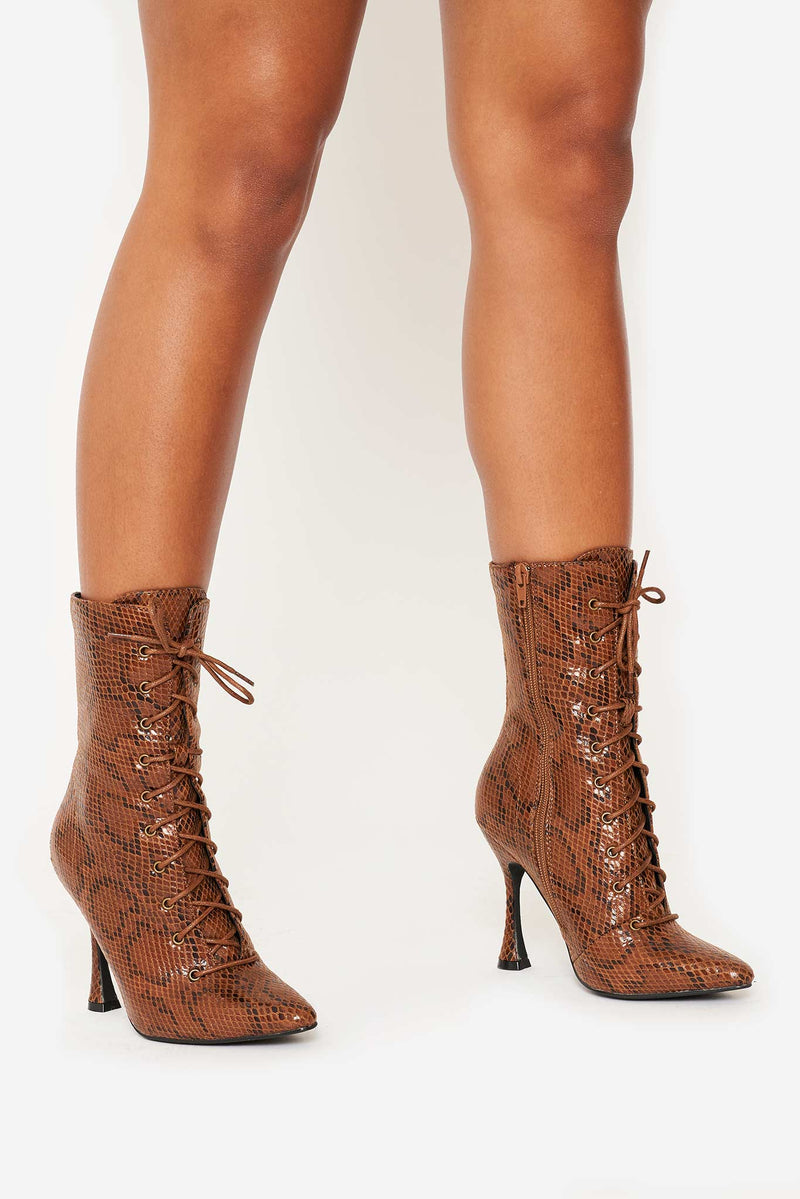 Melissa Lace Up Boots in Brown Vegan Snake