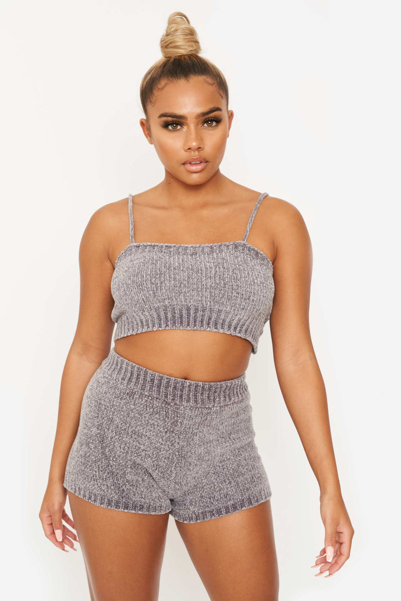 Grey Knitted Vest Crop & Shorts Co-Ord