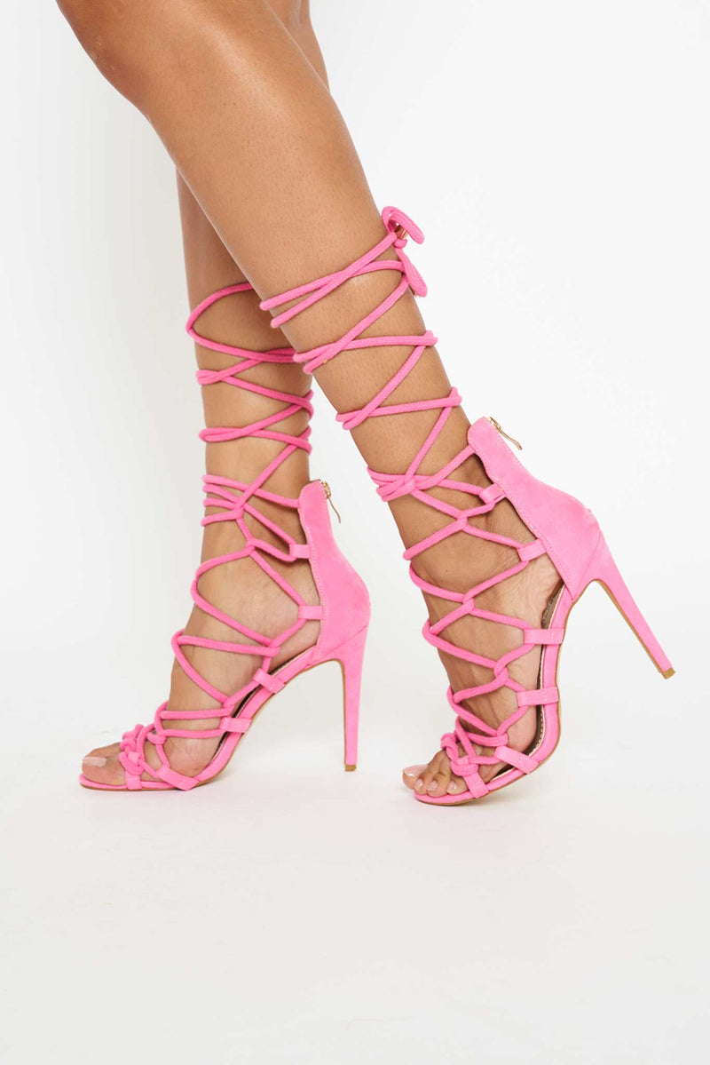 Skylar Rope Lace Up Heels in Hot Pink Vegan Suede