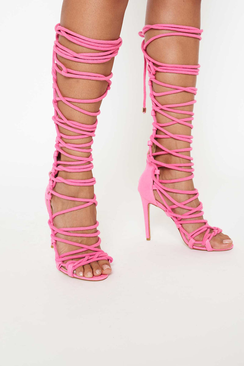Sahara Knee High Rope Lace Up Sandals in Hot Pink Vegan Suede