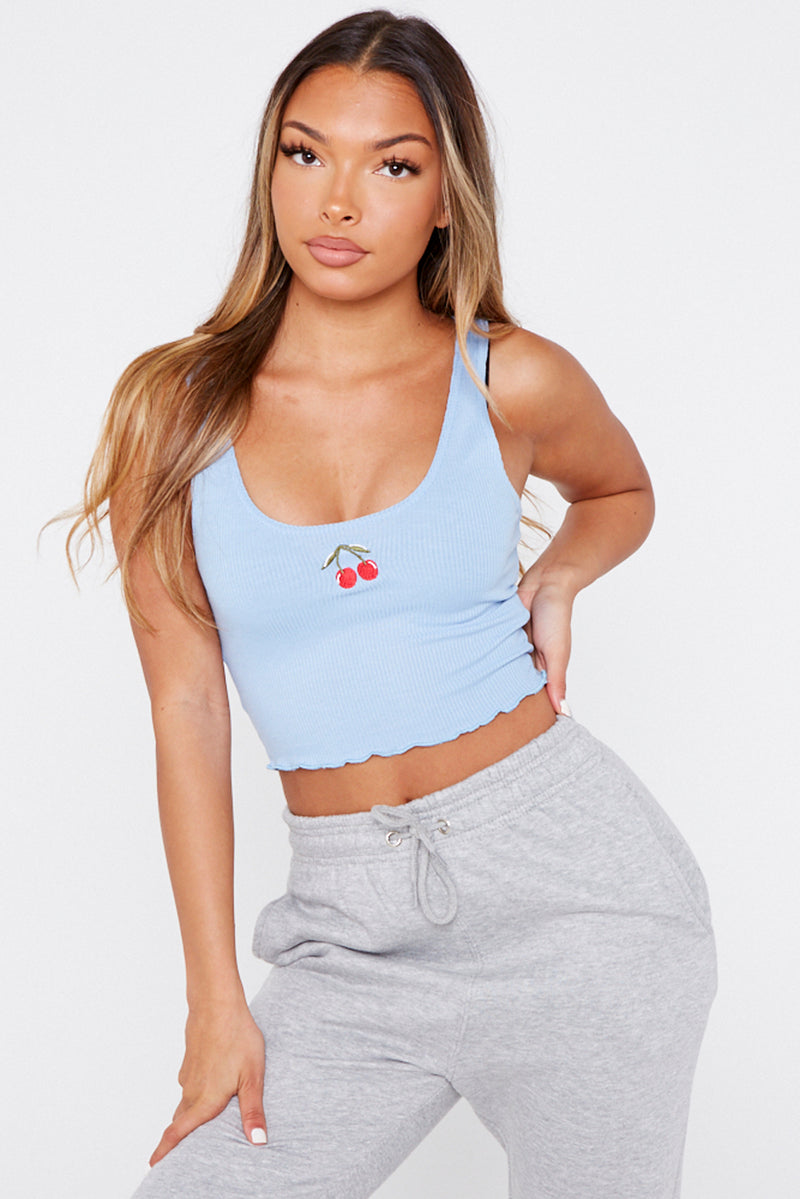 Light Blue Embroidered Cherry Top