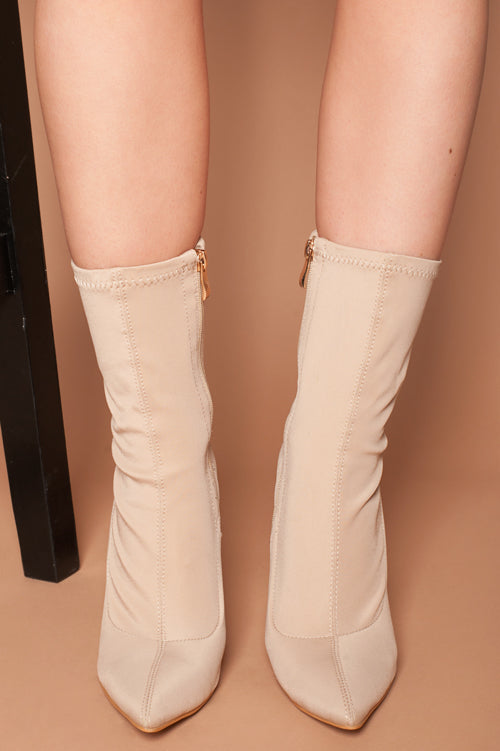 Maria Pointed Toe Ankle Boots in Beige Lycra