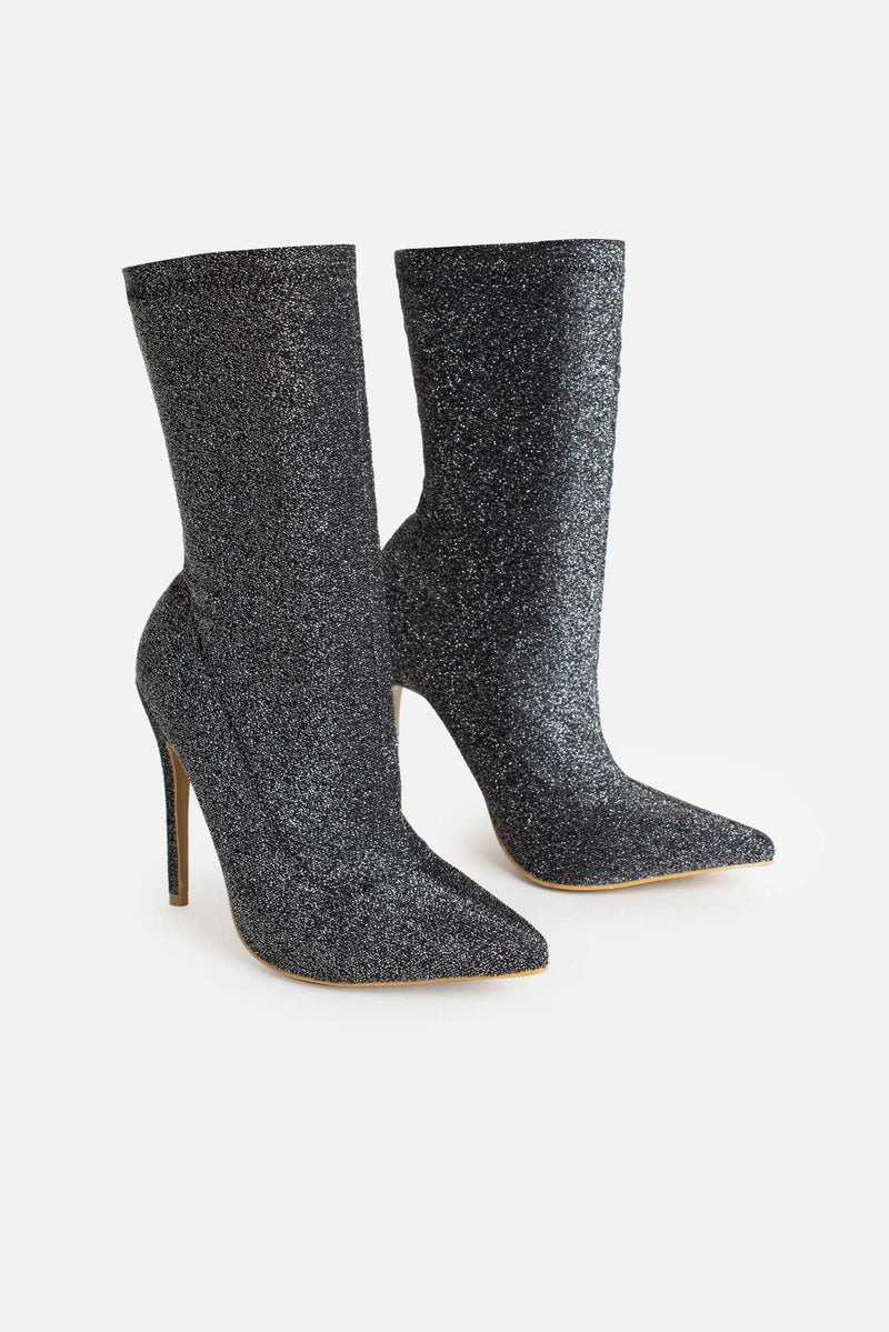 Maria Pointed Toe Ankle Boots in Silver Glitter Lycra