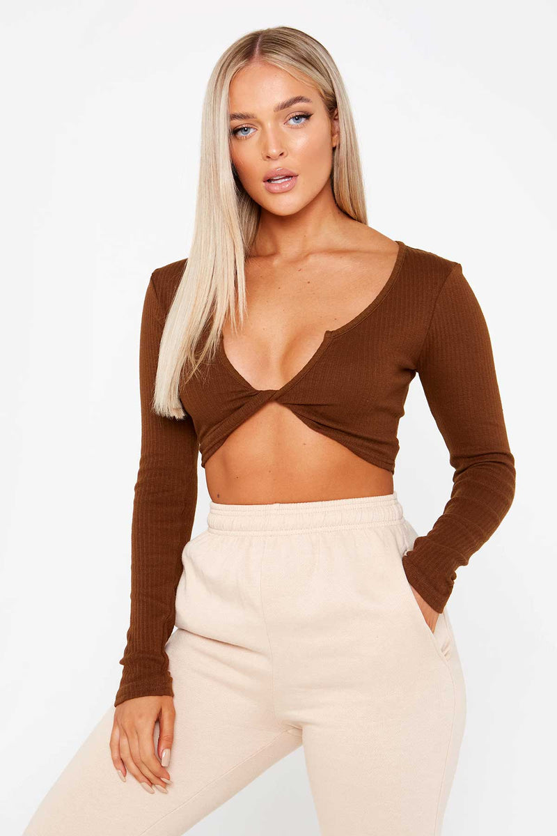 Chocolate Long Sleeve Knot Detail Top