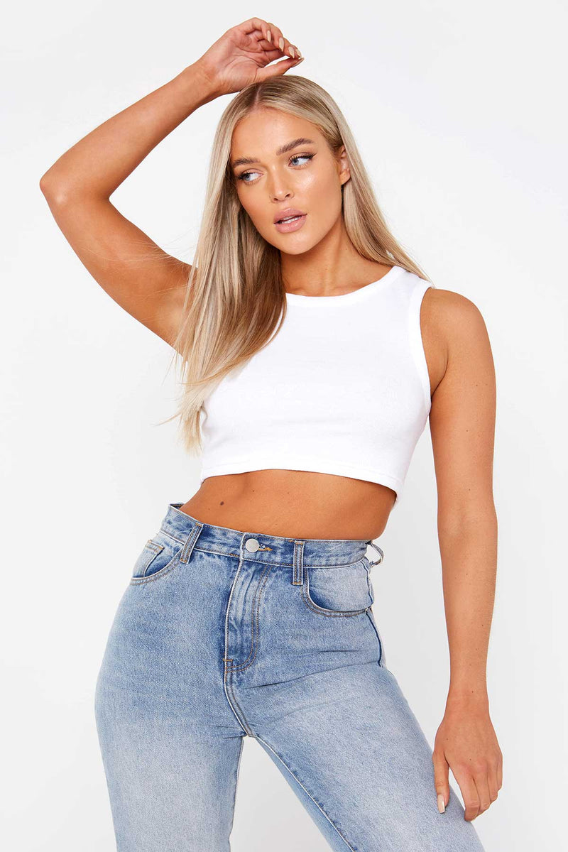 White Ribbed Racer Crop Top