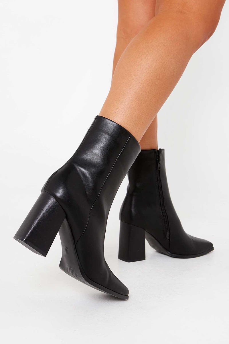 Elicia Block Heel Boots In Black Vegan Leather