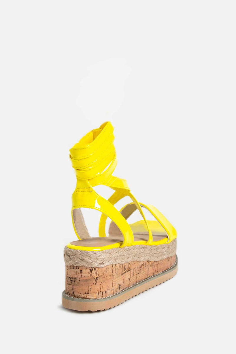 Lala Cork Flatform Sandals in Neon Yellow Vegan Leather