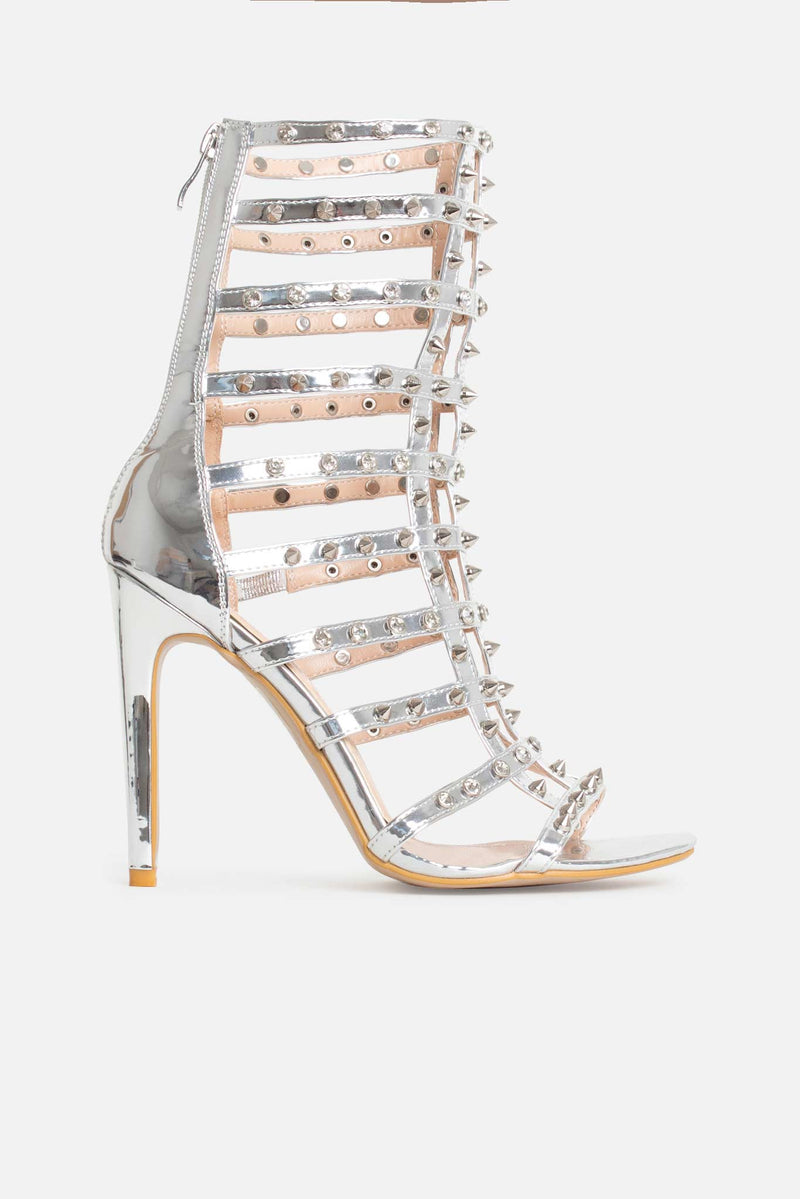 Tayla Studded Caged Heels in Silver Vegan Leather