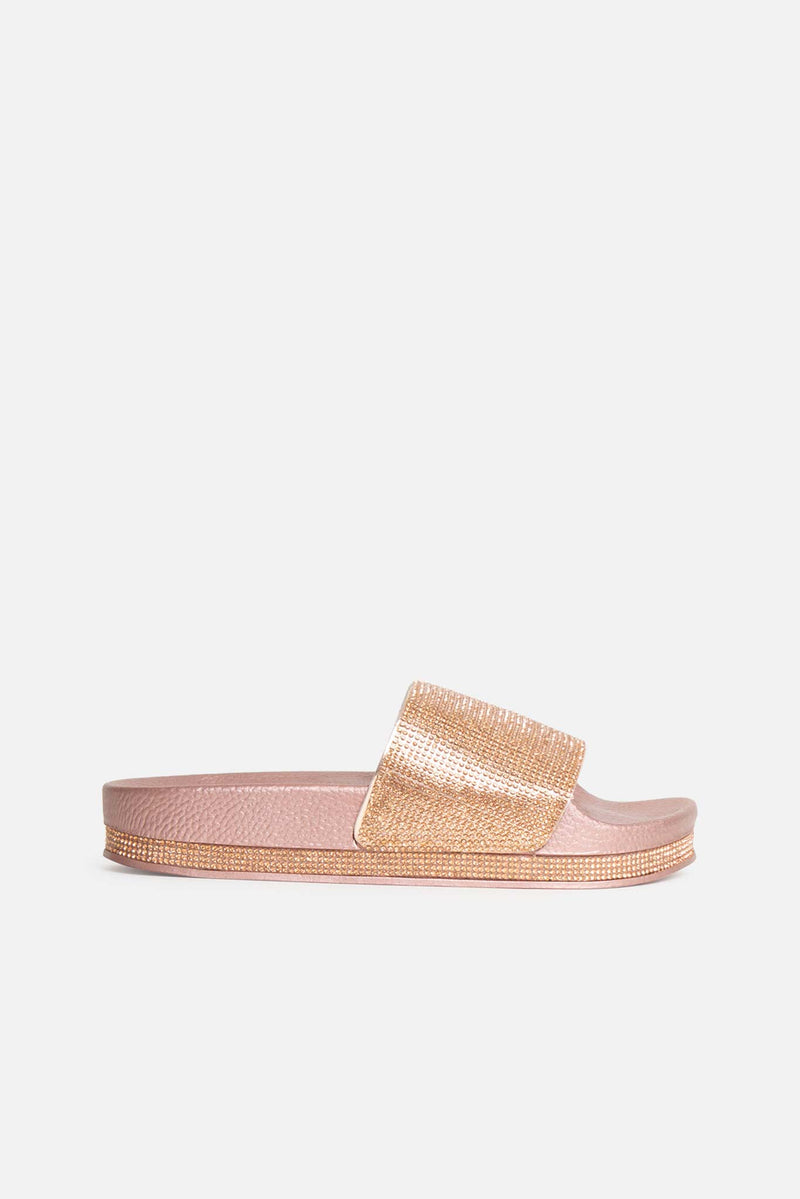 Rose Gold Taylor Sliders with Rose Gold Diamante Stripe