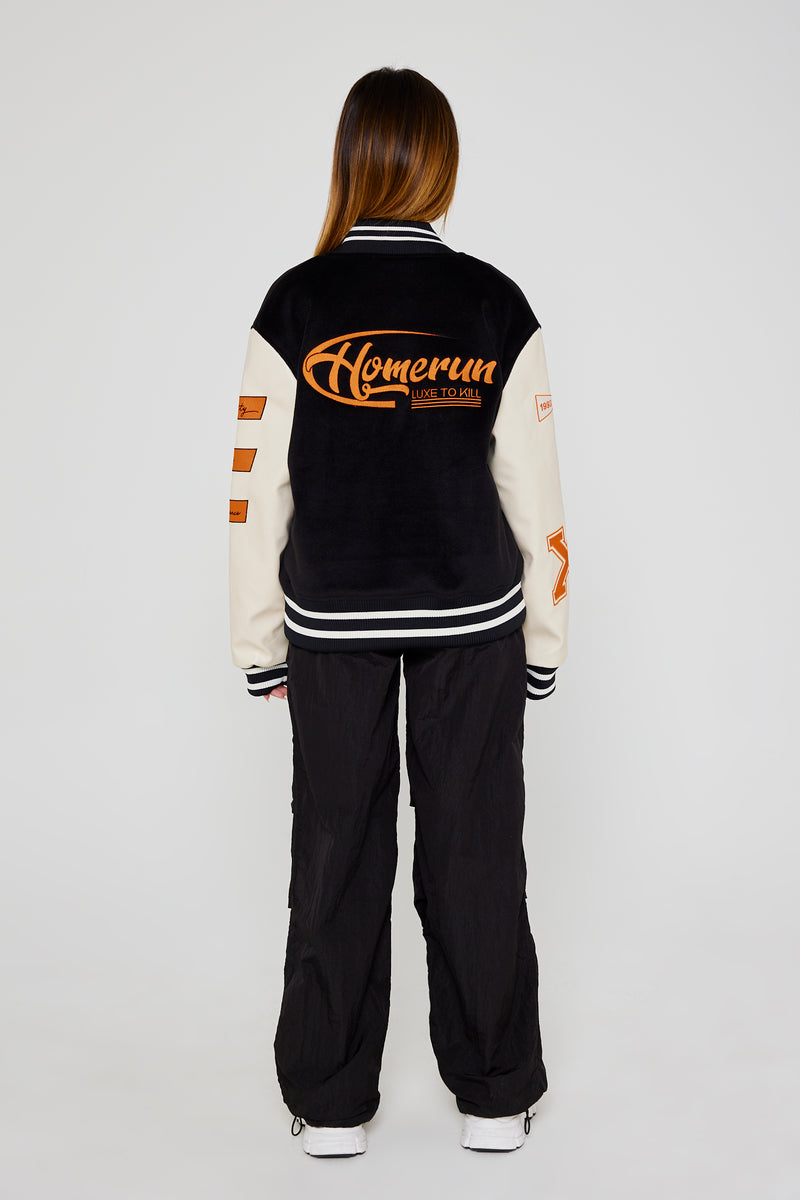 Black & Orange Vegan Leather & Wool Varsity Jacket
