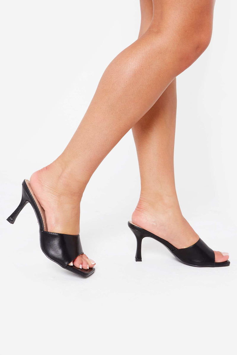 Sally Square Open Toe Mules in Black Vegan Leather